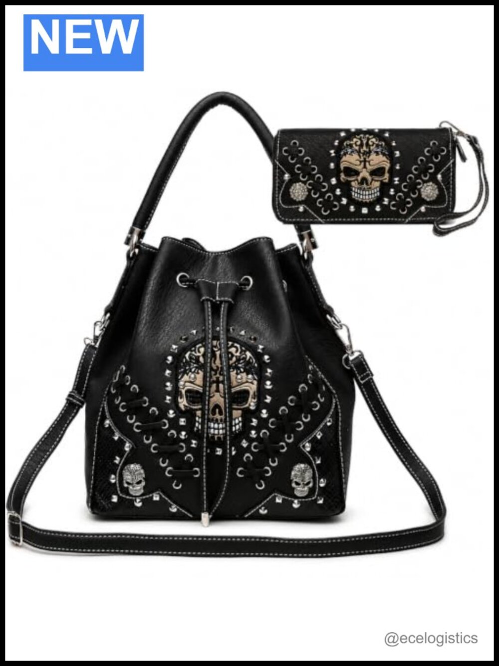 Gothic Skull Bucket Handbag with Matching Wallet - Faux Leather PU